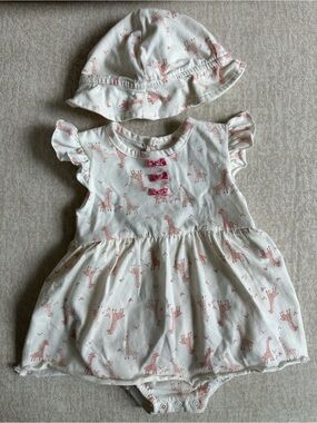 Rene Rofe Baby Cream Romper with Pink Giraffe Print and Pink Bows